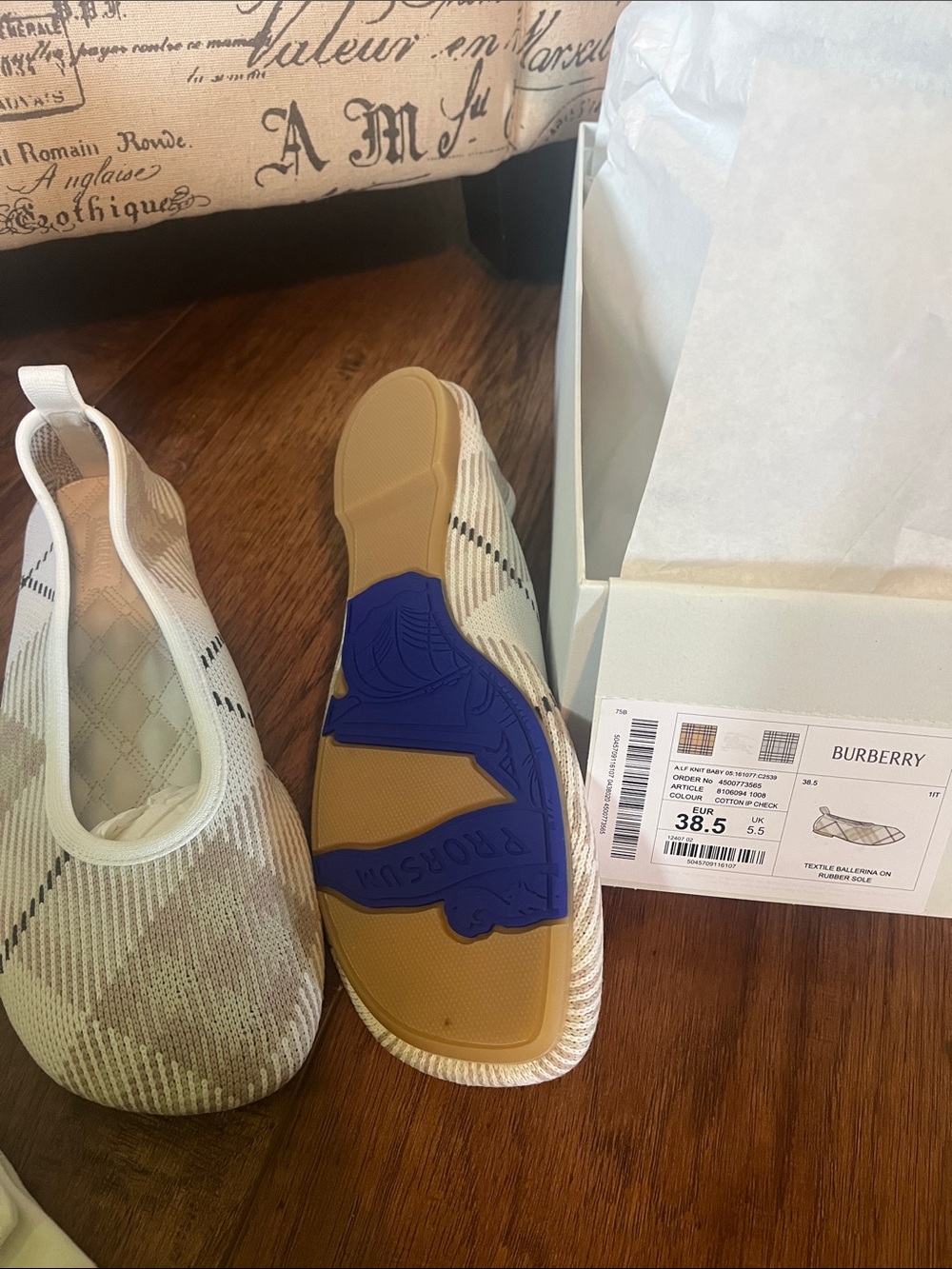 Burberry Cream Knit Slip-On Ballerina Flats with Tan Sole